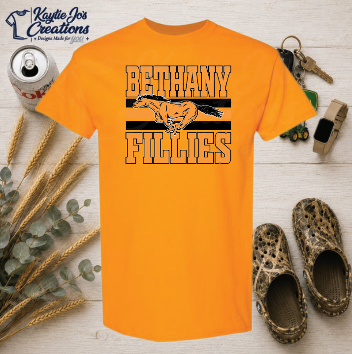 Bethany Flying Fillies basketball design on gold T-shirt