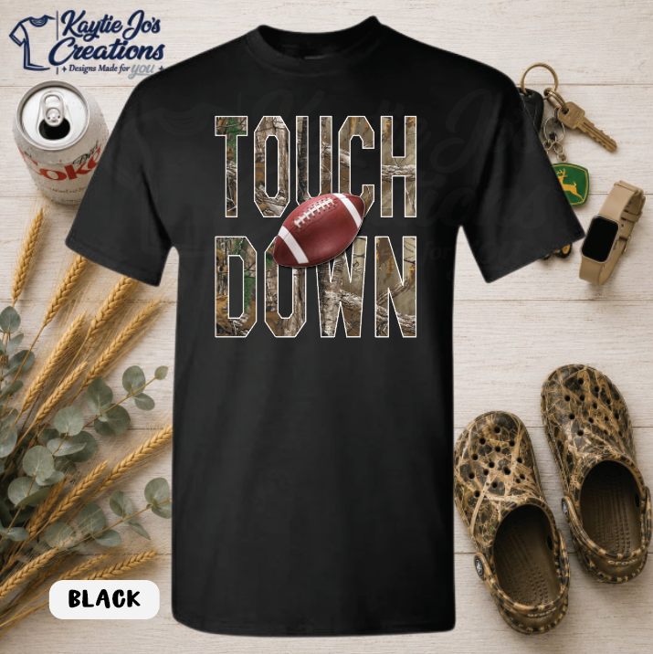 Football touchdown design on black T-shirt