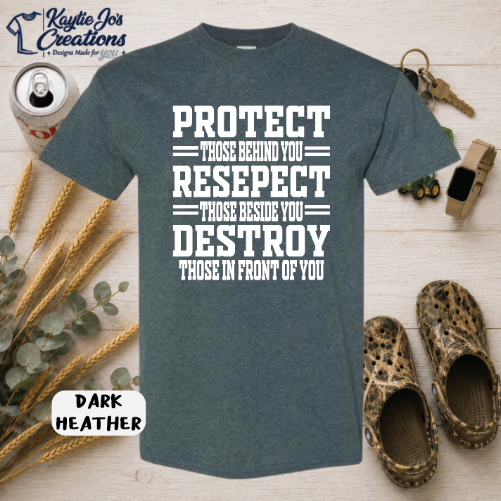 Football protect respect destroy game day design on dark heather T-shirt