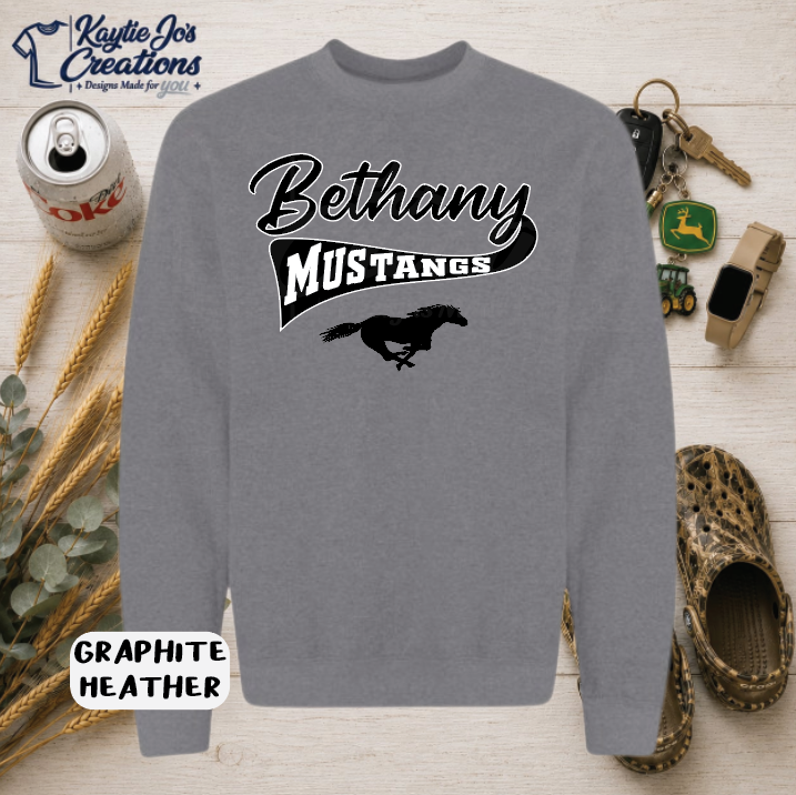 Bethany Mustangs vintage script design on graphite heather crewneck sweatshirt