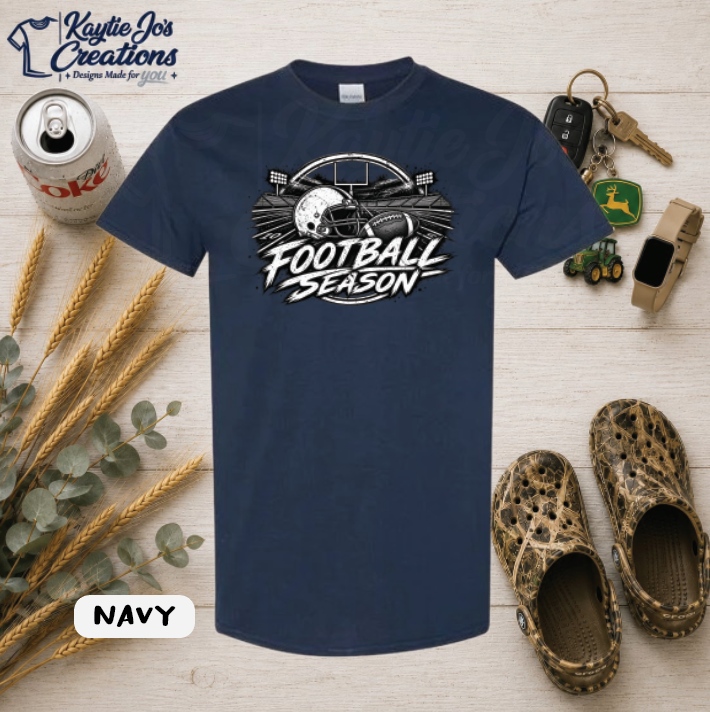 Football season distressed game day design on navy T-shirt