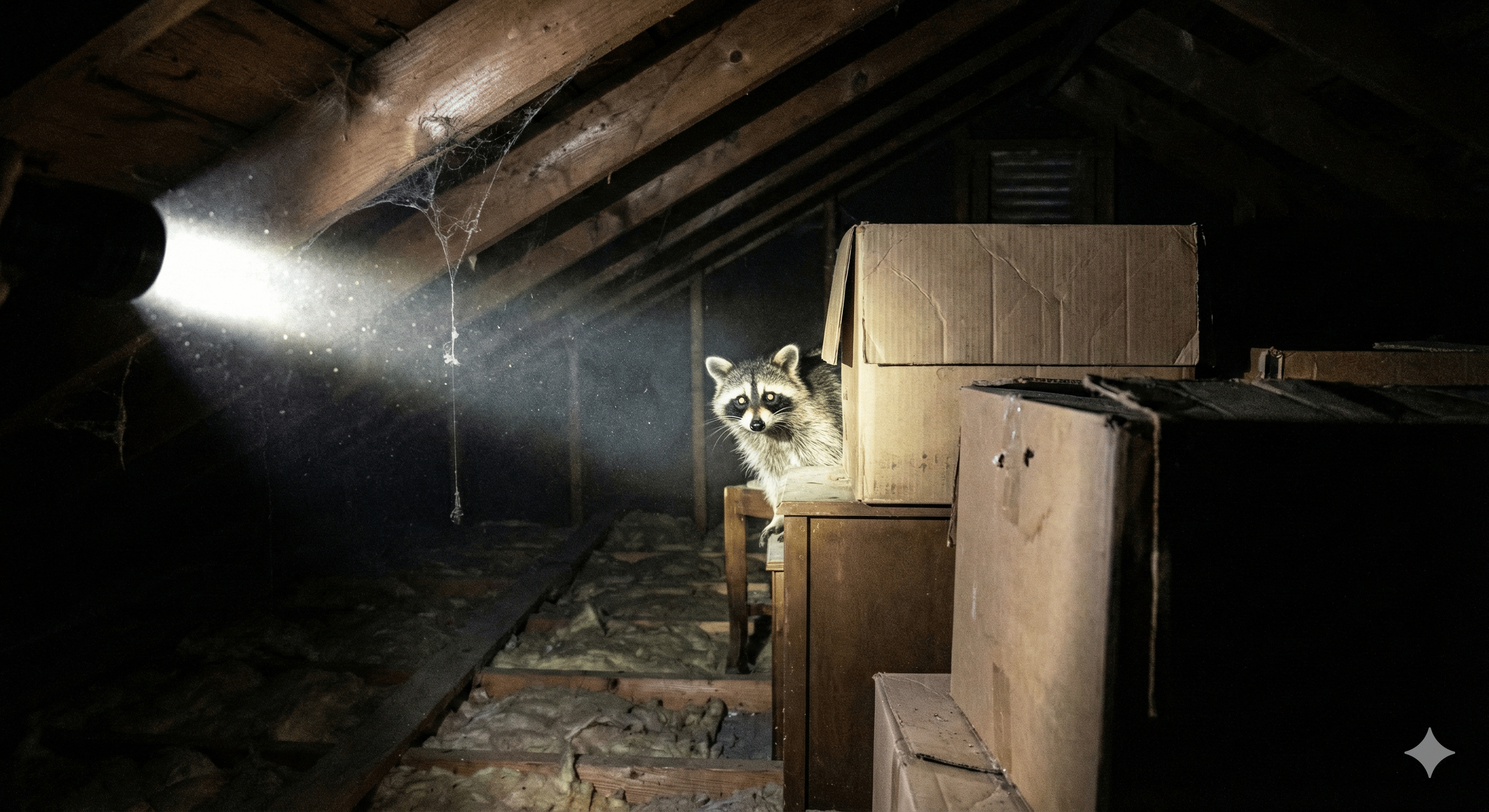 A raccoon with bright yellow eyes peeking out from behind cardboard boxes in an attic, illuminated by a flashlight beam in a dark, dusty space with wooden beams and cobwebs.