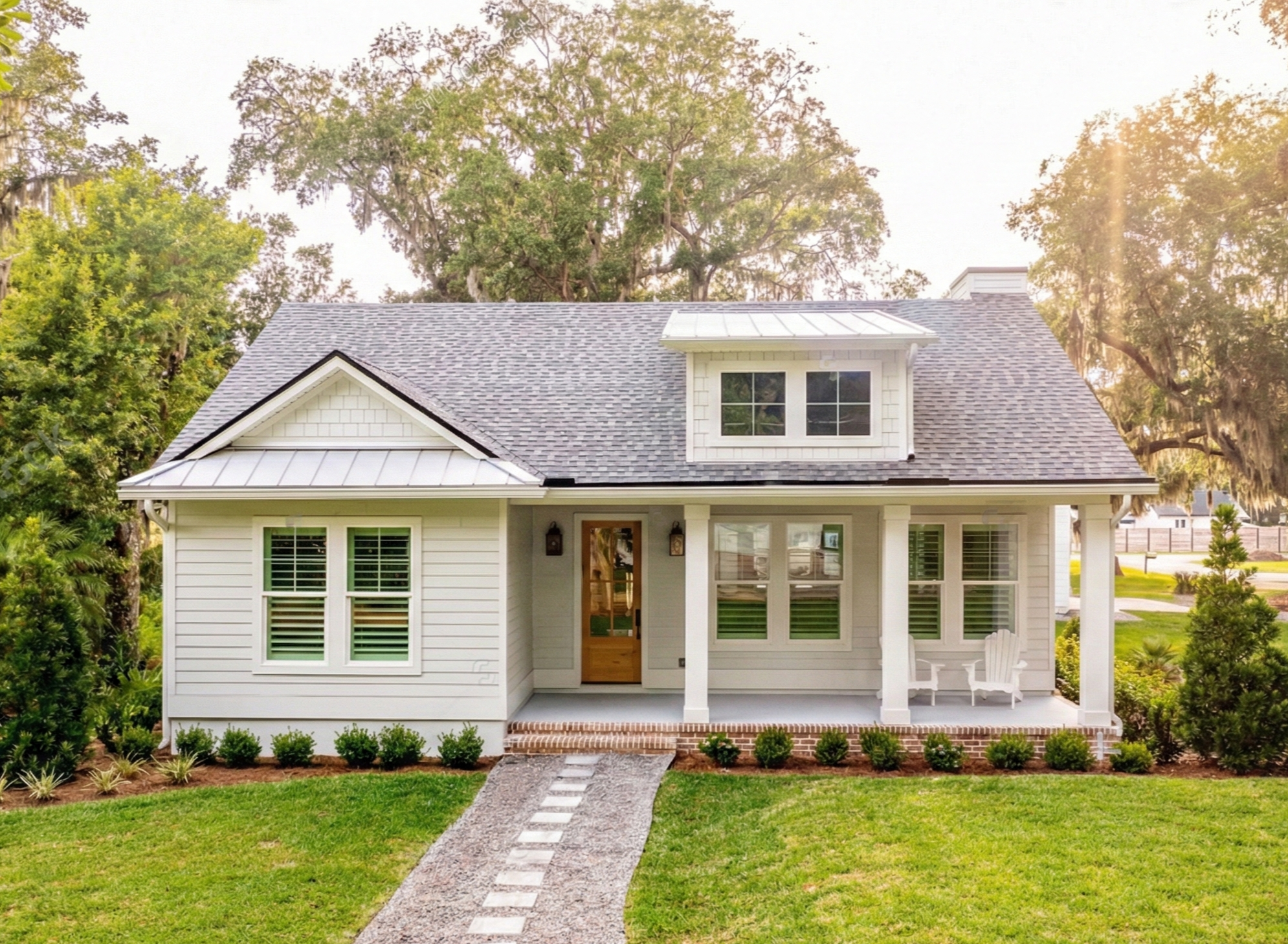 Exterior of a modern white house with a porch, multiple windows with white shutters, a gabled roof with gray shingles, and a small second-floor dormer window, surrounded by green grass and trees.