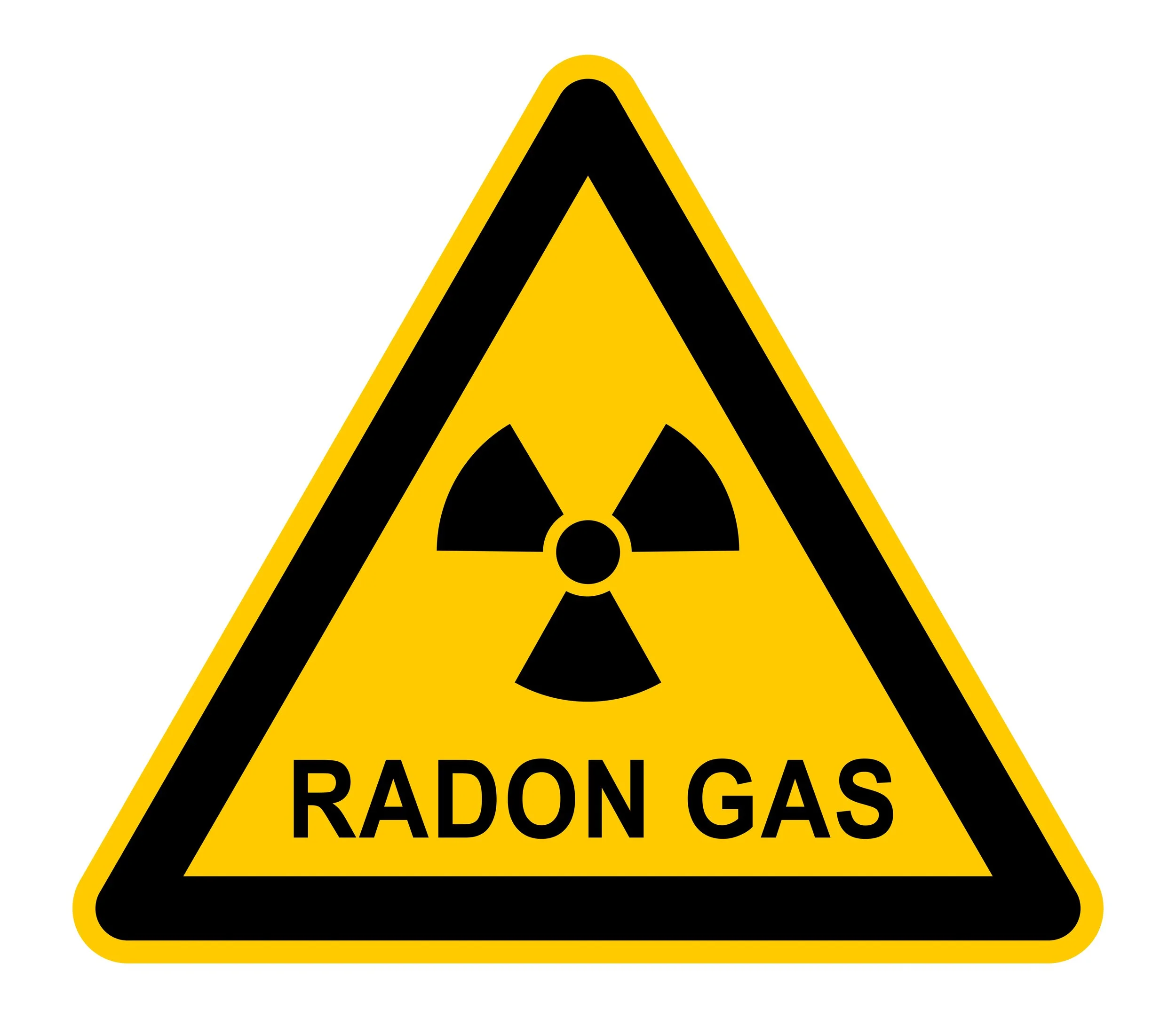 A yellow warning sign with a black border and a radiation symbol, labeled 'RADON GAS'.