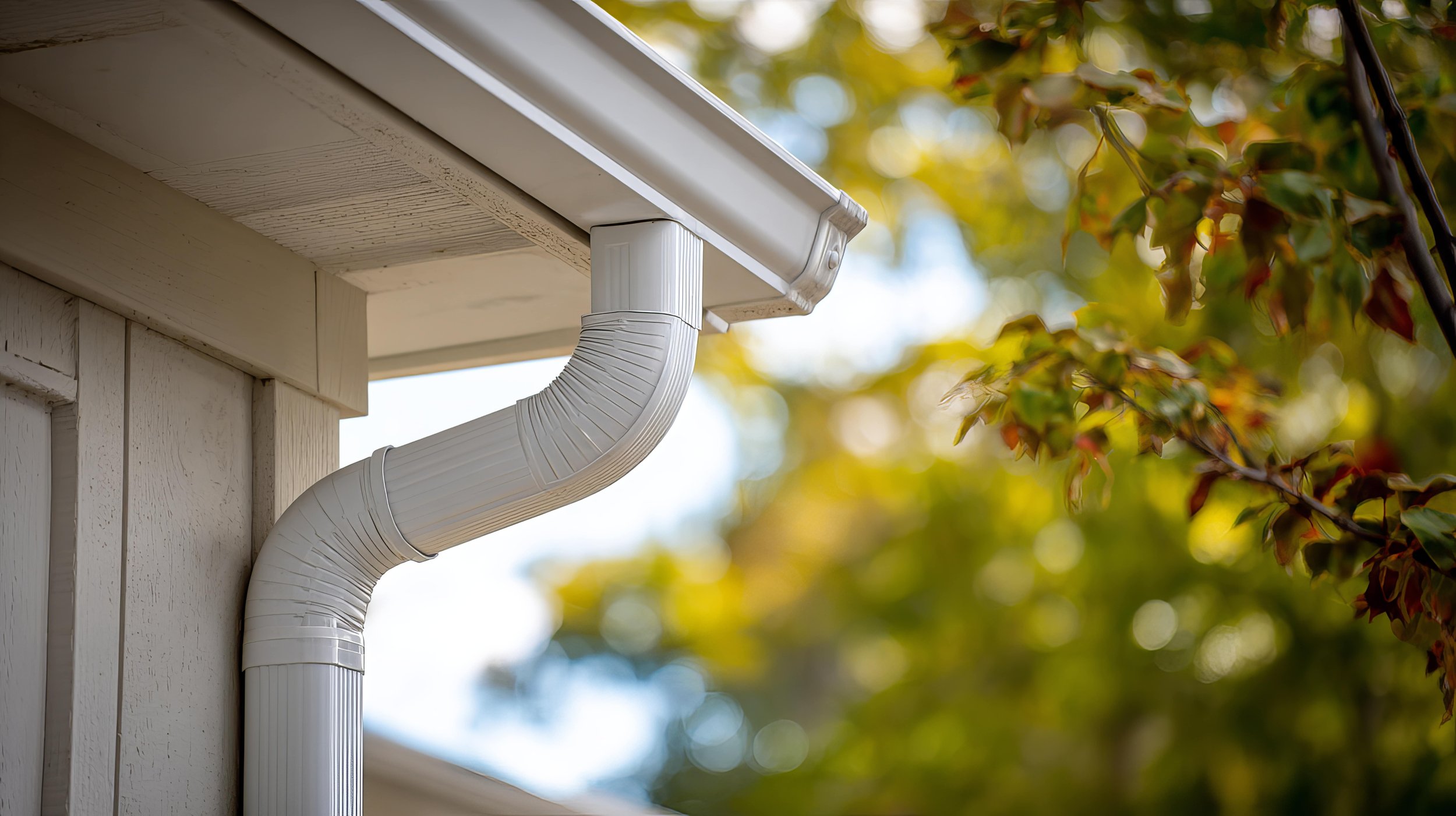Close-up of a white gutter and downspout attached to the corner of a house with beige siding, with blurred green and yellow leaves in the background.