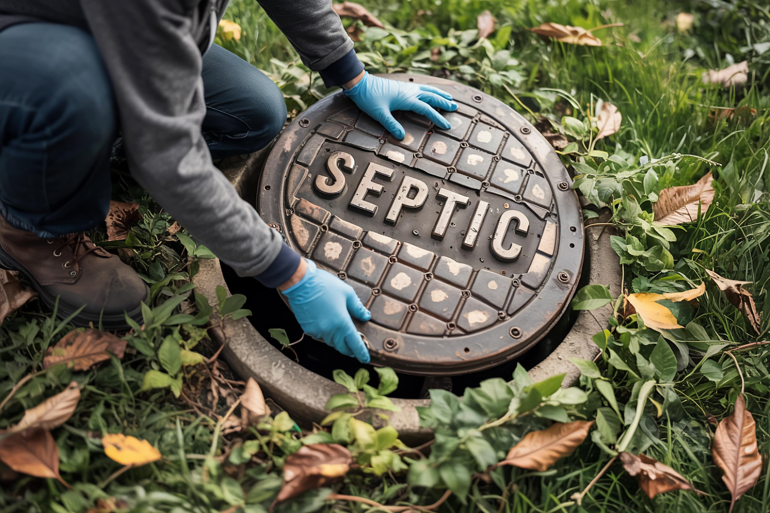 A person wearing blue gloves and brown boots opening a sewer cover marked 'SEPTIC' surrounded by green plants and fallen leaves.