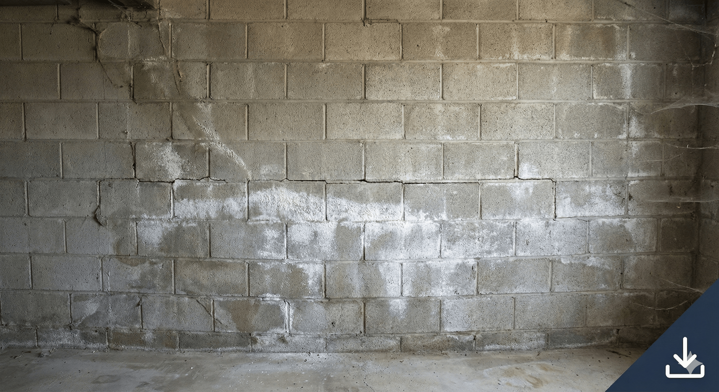 Concrete brick wall with cracks and patches of white dust or mildew, on a dusty concrete floor.