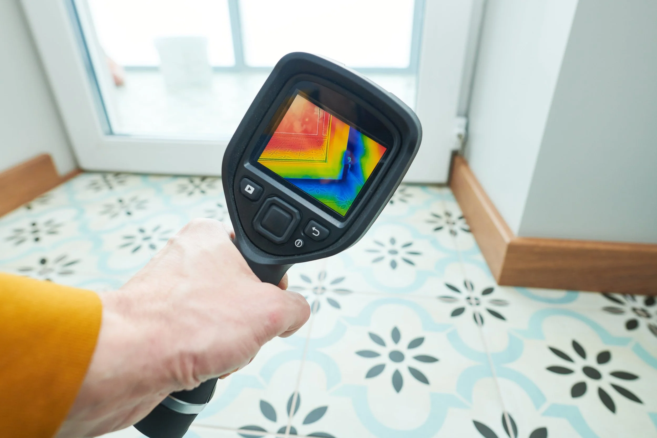 Hand holding a thermal imaging camera aimed at a door and wall, showing a color-coded temperature map.