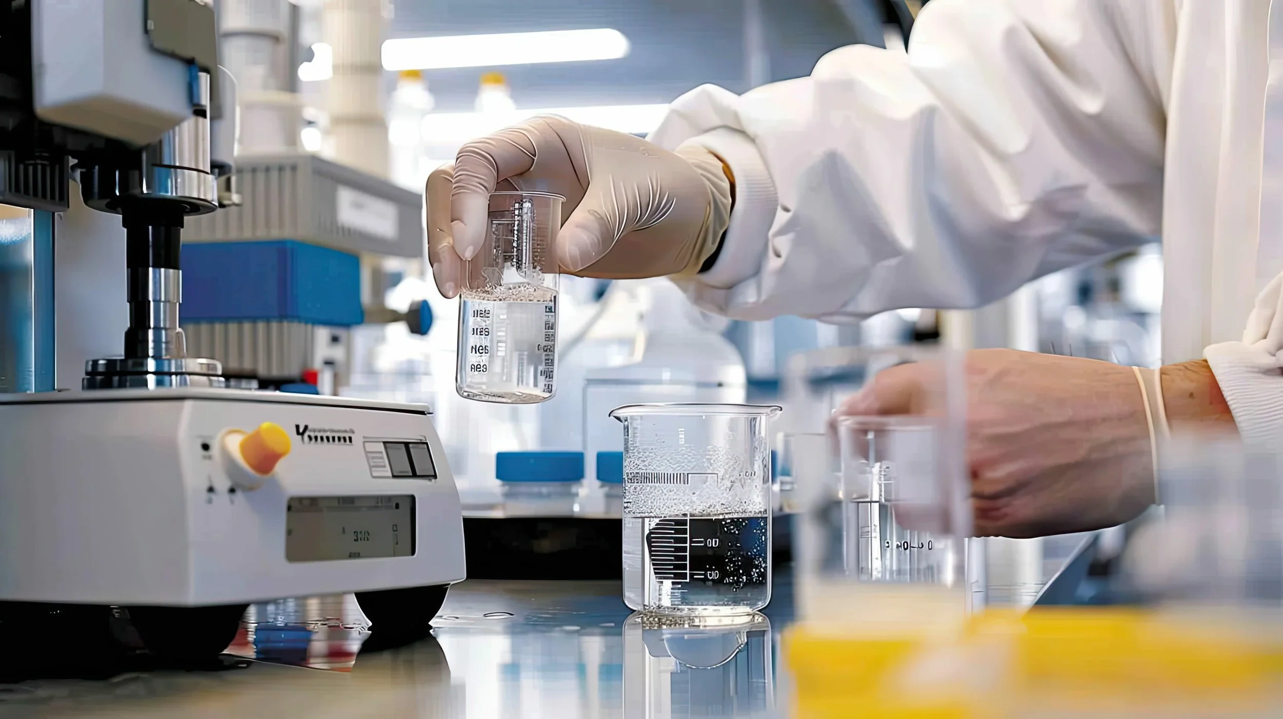 A scientist in a laboratory wearing gloves, handling a beaker with a liquid, with other laboratory glassware and equipment on the workbench.