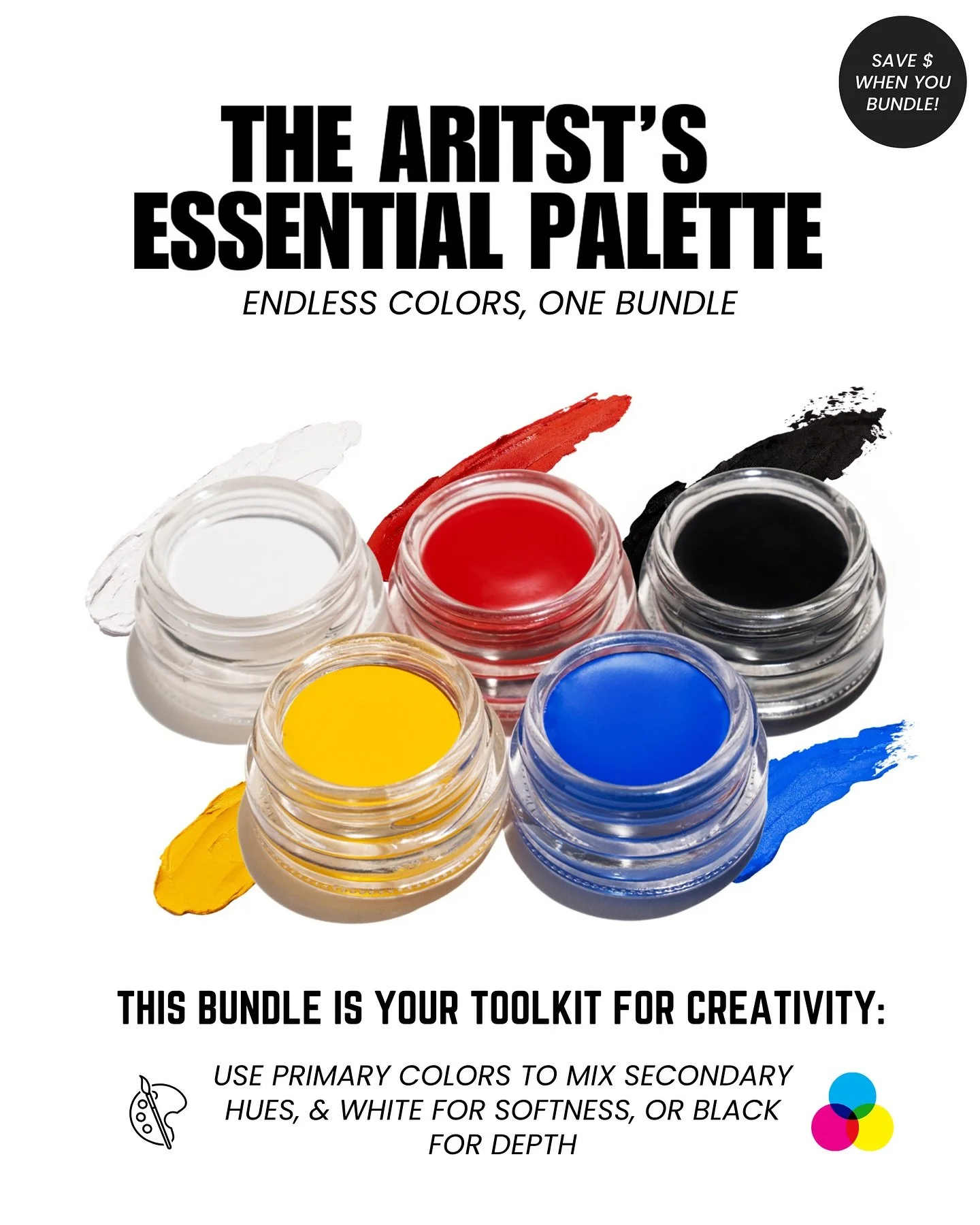 The ARTIST&rsquo;S ESSENTIAL PALETTE is here!! 🎨 A makeup artist&rsquo;s dream bundle: pure white, true red, blackest black, sunshine yellow, and vibrant blue.

- Mix custom shades. Build endless color stories. Use on eyes, lips, or brows.

Cream co