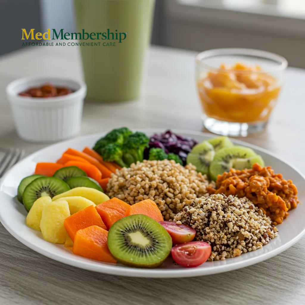 A colorful plate of healthy foods representing mindful eating practices for improved nutrition