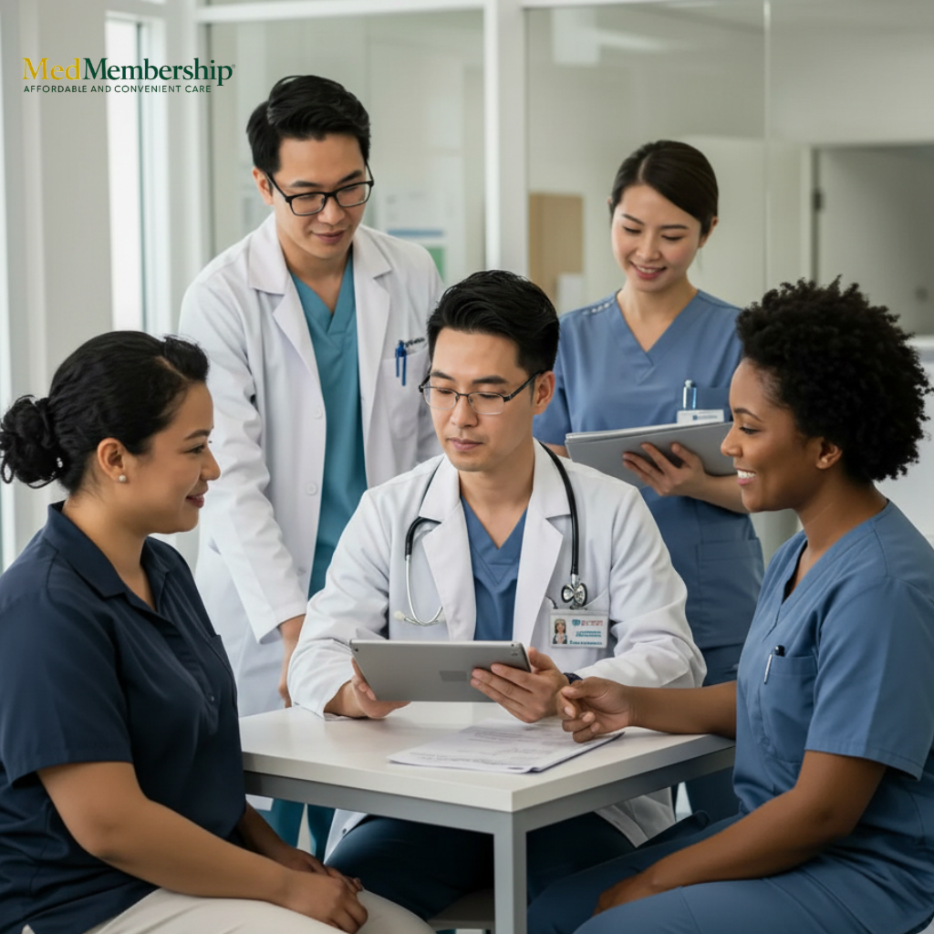 Diverse healthcare professionals engaging with patients in a modern clinic, highlighting comprehensive healthcare services