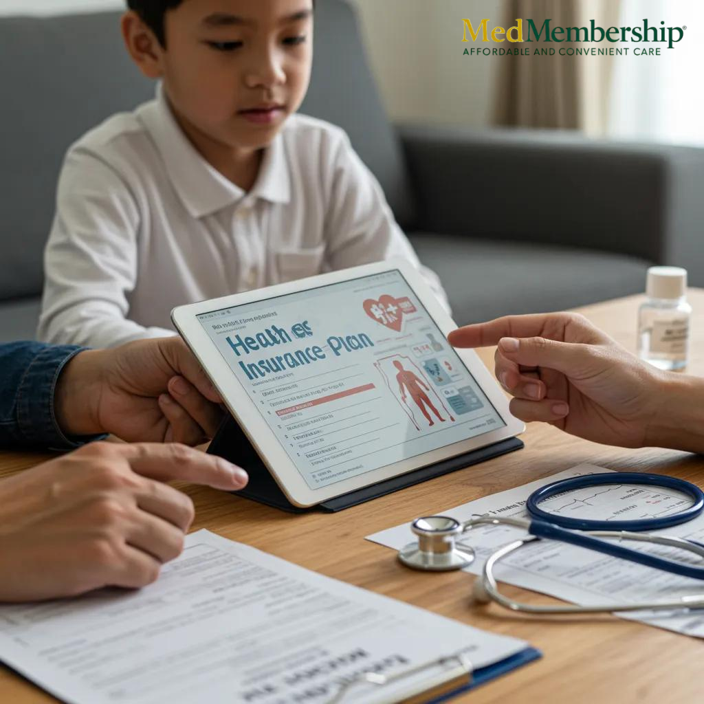 A child watches as two adults discuss a health insurance plan on a tablet with the MedMembership logo visible. Stethoscope and medical bottle are on the table.
