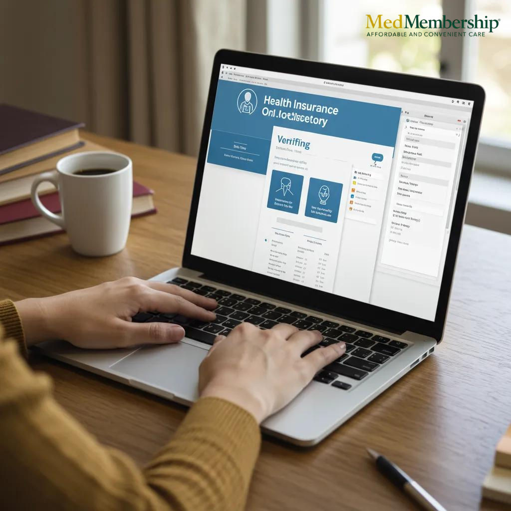 Woman verifying health insurance provider networks and doctor compatibility online using a laptop, showing MedMembership branding, a key step for healthcare plan selection and finding compatible doctors.