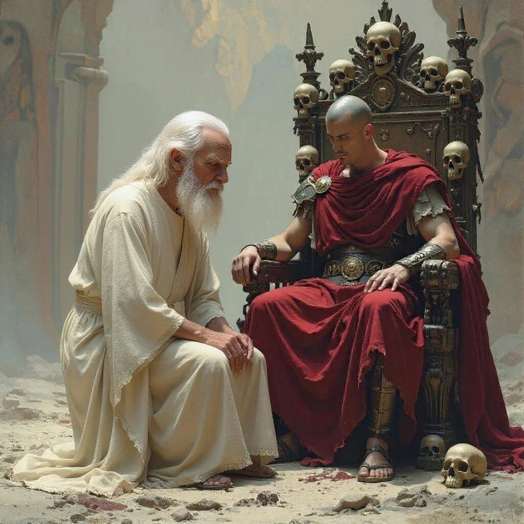 Bij de binnenkomst van Zoroaster nodigt Agrippa hem uit om plaats te nemen op een krukje dat voor de troon staat. Vervolgens vraagt hij Zoroaster wat hem tot in Hemelenpoort gebracht heeft. Waarop hij luistert en op een vriendelijke manier vragen ste