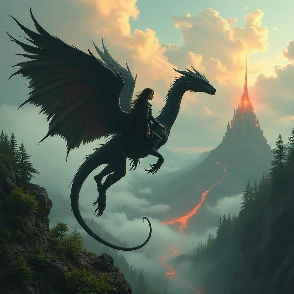 Hoog in de lucht ziet ze de citadel die haar thuis is. De draken hebben de top van de vulkaan omgevormd tot een majestueuze residentie voor haar en haar zusters.