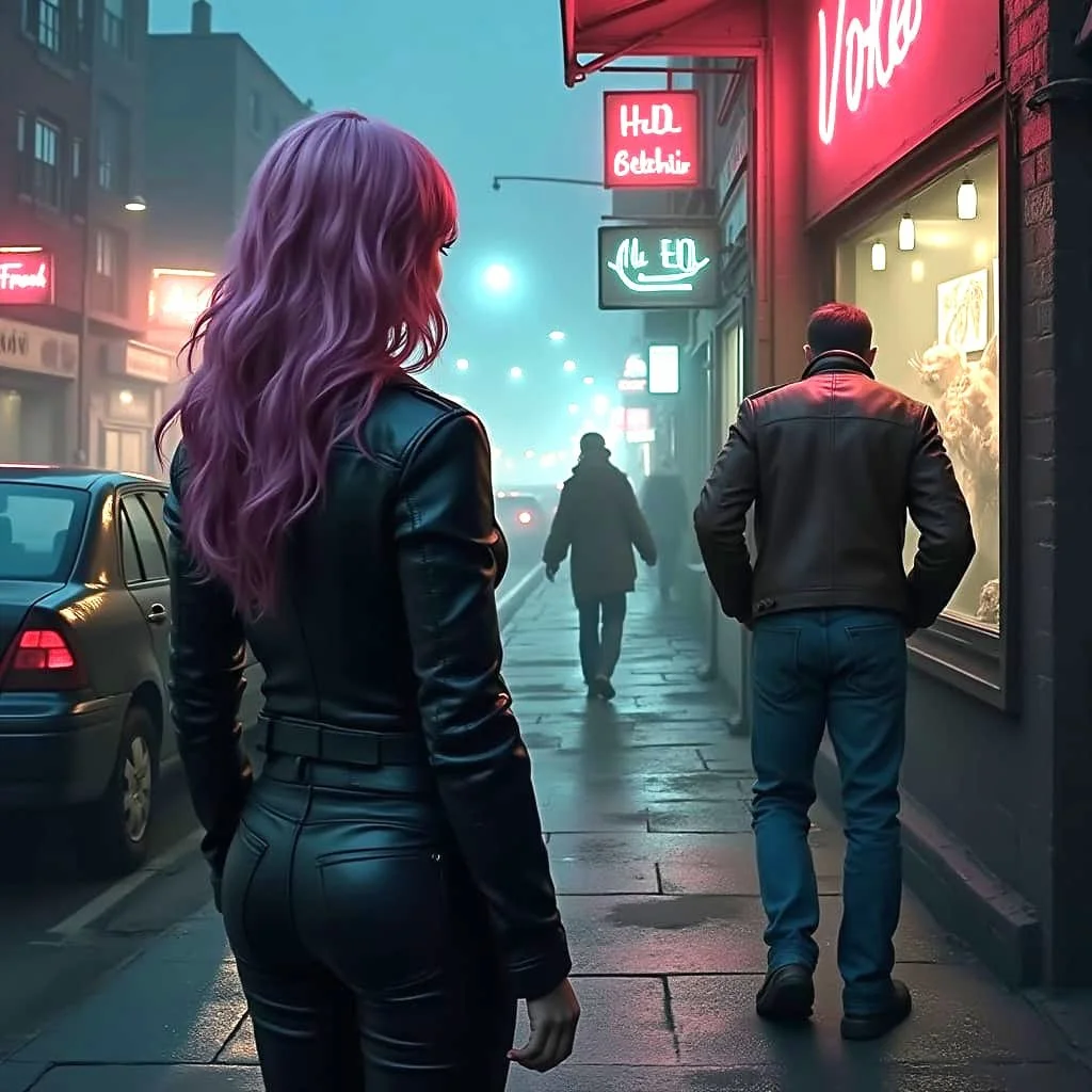 Eénmaal op straat stapt een jong vrouw met roze geverfd haar uit de schaduw en volgt hem. Max, nog steeds kwaad op de man uit het café, loopt al mompelend in zichzelf verder.