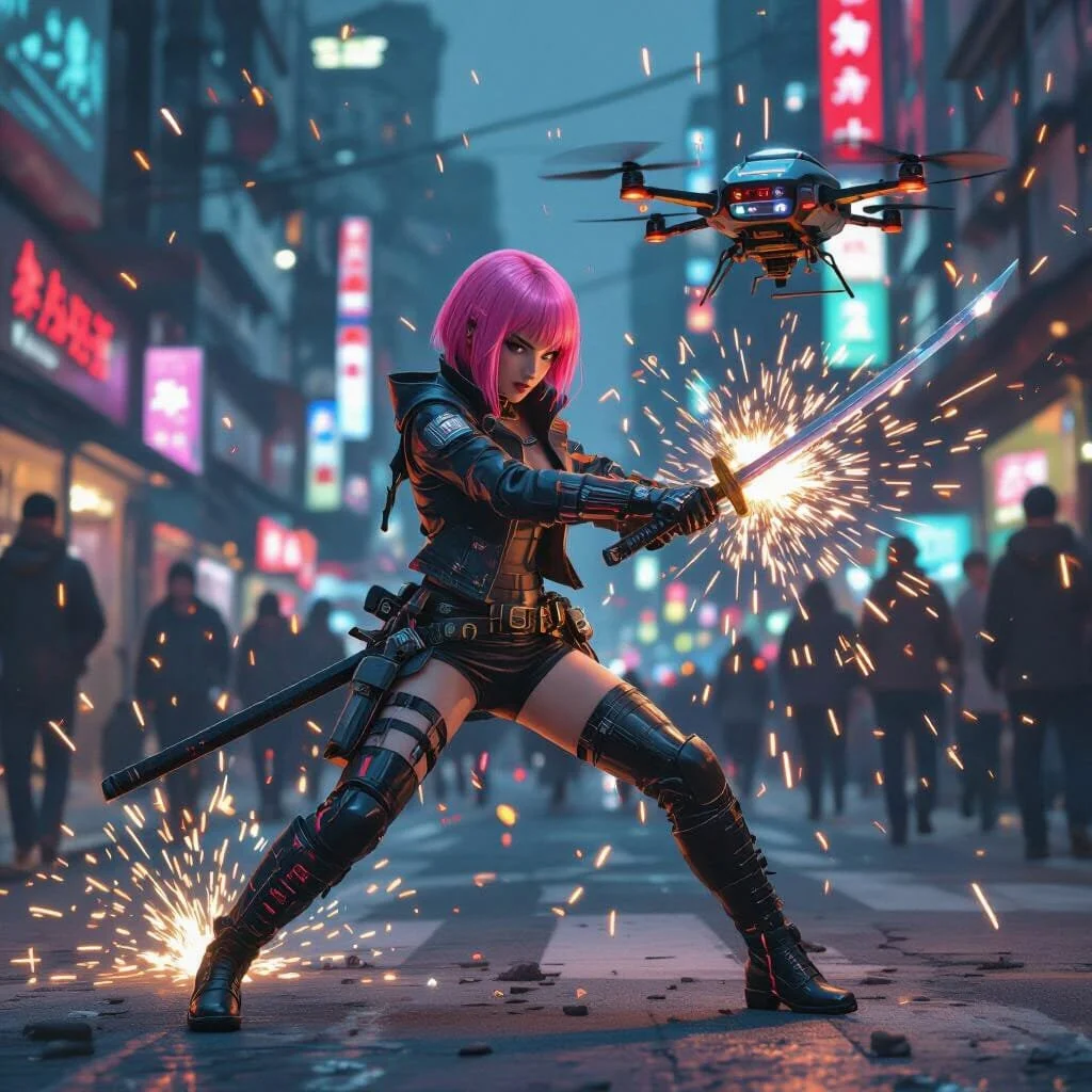 Malika draait zich om, raakt de drone twee keer, maar de drone beseft het nog niet. Een fractie van een seconde later valt de drone op het asfalt. Omstaanders doen alsof ze niets gezien hebben.