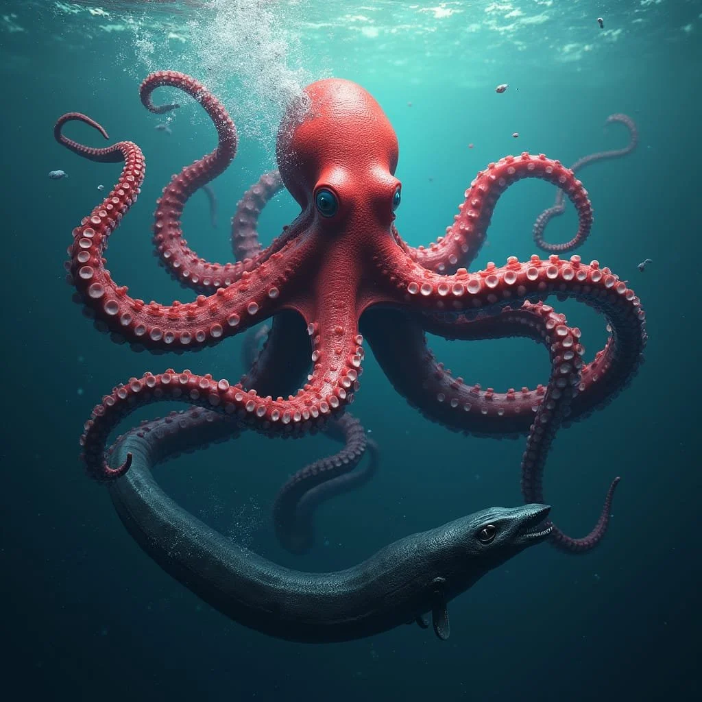 Beide wezens beginnen furieus te vechten, maar de aal is geen partij voor de octopus.