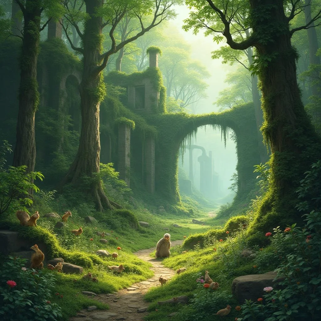 Hoe de grootse muren en poorten van een grote stad getuigden waar duizenden mensen gewoond moeten hebben, en hoe deze nu een toevlucht waren voor de kleine en middelgrote wezens van het woud.