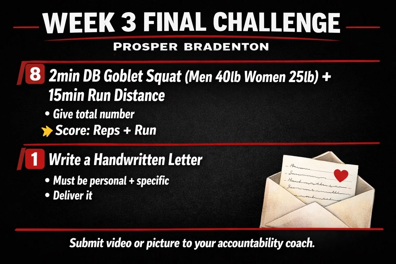 Black background fitness challenge poster with white and red text. Week 3 final challenge by Prosper Bradenton. Tasks include doing a 2-minute dumbbell goblet squat with a 15-minute run, and writing a personal handwritten letter with specific content and delivery. An illustration of a handwritten letter with a red heart is in the bottom right corner. Submission of video or picture to an accountability coach is encouraged.