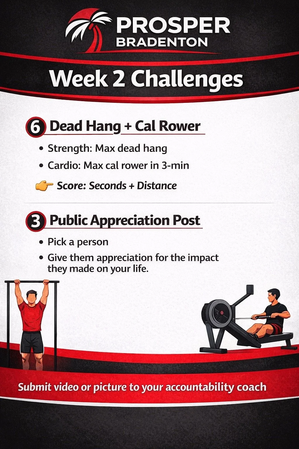A fitness challenge poster from Prosper Bradenton for Week 2. It lists Dead Hang + Cal Rower for strength and cardio, and Public Appreciation Post. The poster features a person doing a pull-up and a person rowing on a machine.