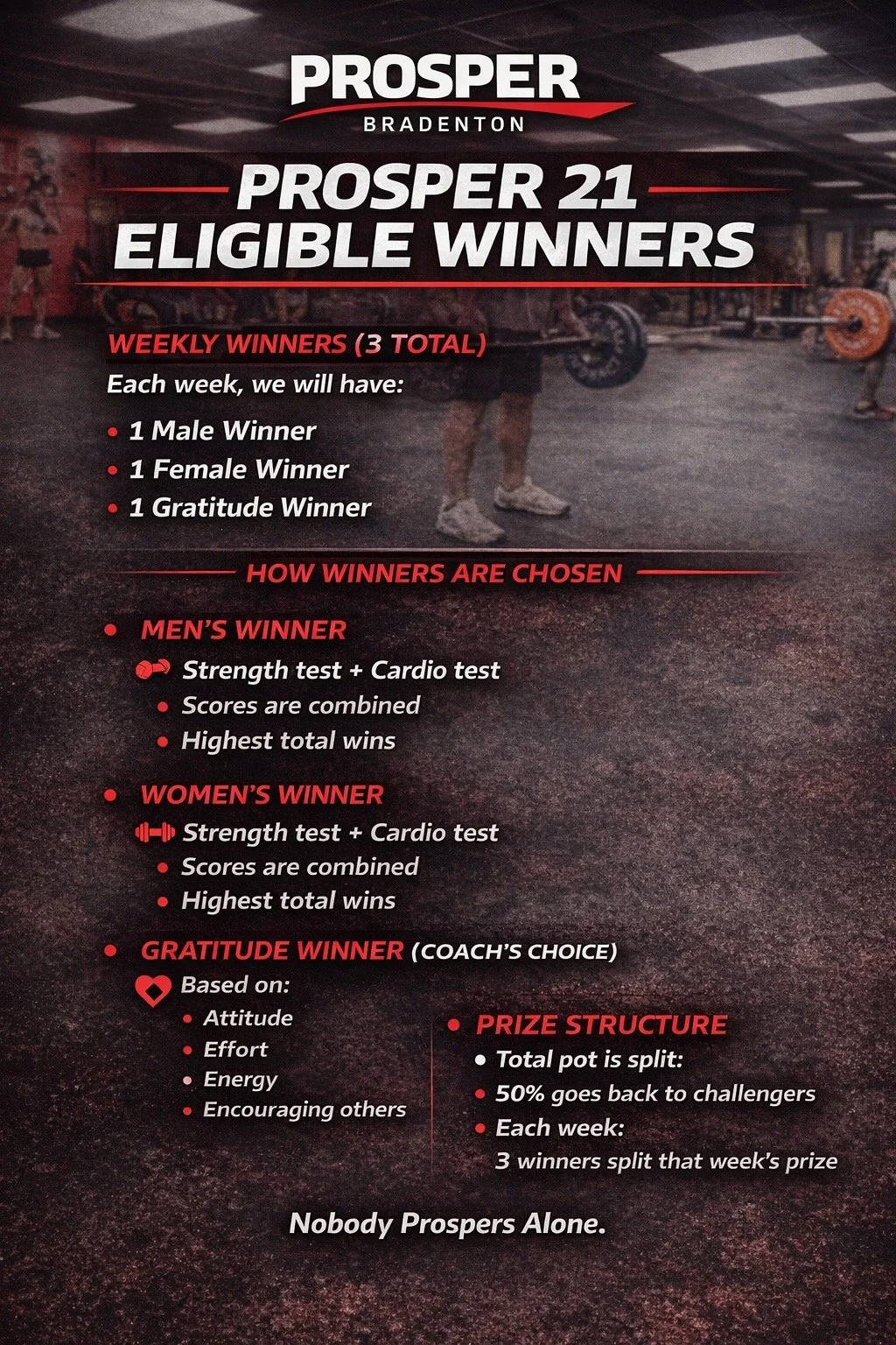 Fitness competition rules poster for Prosper Bradenton listing weekly winners, criteria for choosing winners, and prize structure, set in a gym with people exercising in the background.