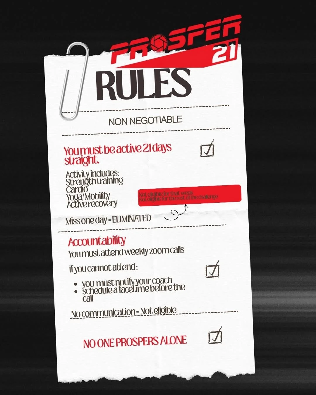 A torn piece of paper with rules for a fitness challenge called 'FROZEN 21'. The rules include being active 21 days straight, attending weekly Zoom calls, and being accountable. The paper has check marks next to some rules and a red note indicating exceptions for the first week.