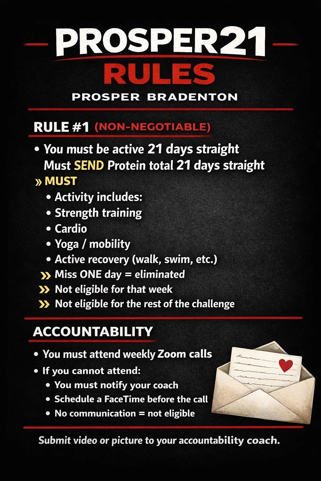 A poster titled 'PROSPER21 RULES' with the subtitle 'PROSPER BRADENTON'. The rules include activity for 21 days straight, sending protein, strength training, cardio, yoga, active recovery, and missing one day eliminates the participant. Accountability involves weekly Zoom calls, notifying the coach if unable to attend, scheduling a FaceTime, and submitting videos or pictures.