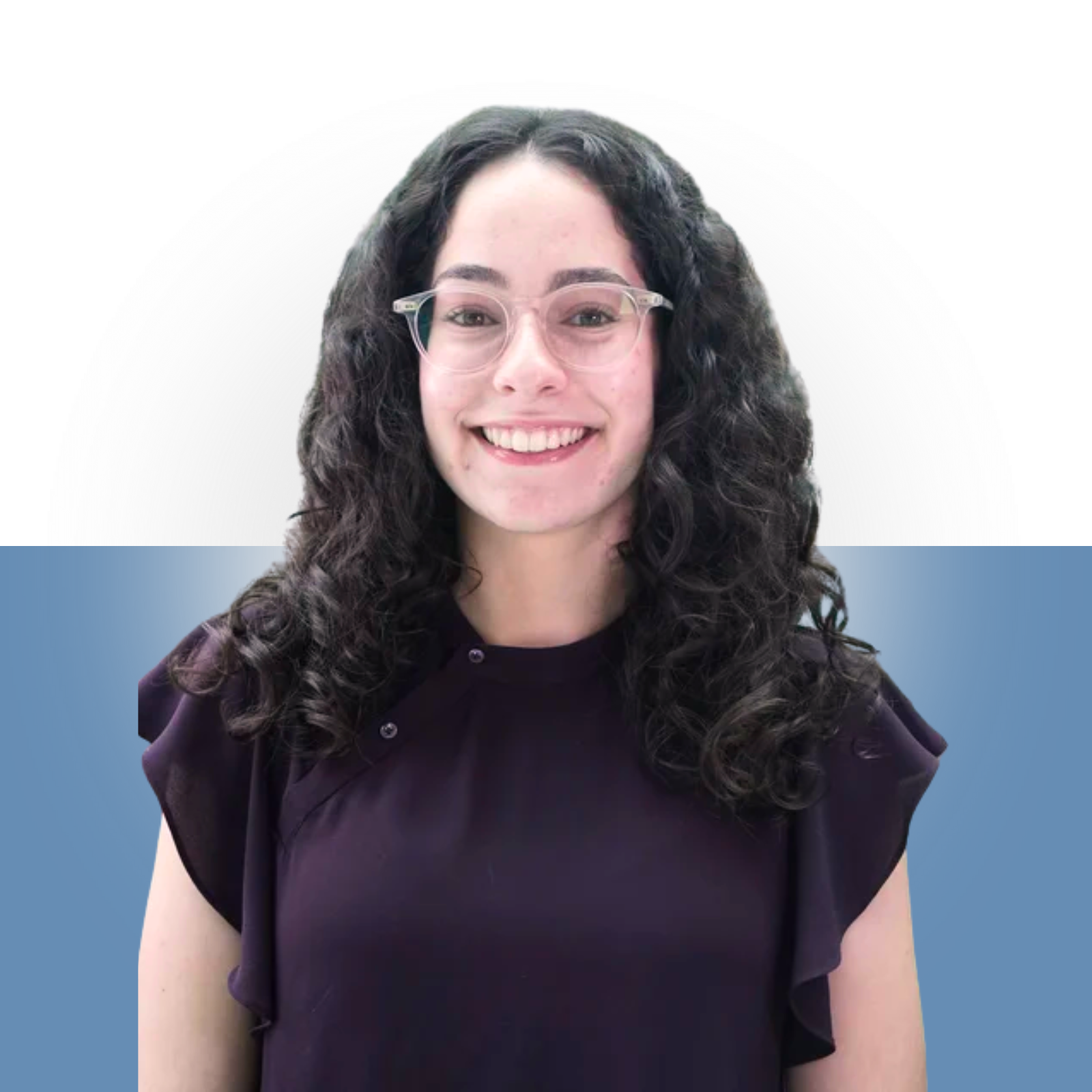 A woman with curly dark hair and glasses smiling in a professional portrait. She is wearing a dark purple blouse. The background features a graphic design with a circular pattern and shades of white, gray, and blue.