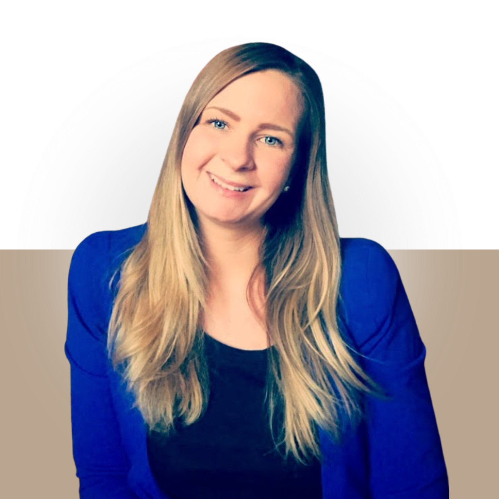 A woman with long blonde hair, wearing a blue blazer and black top, smiling for the camera.