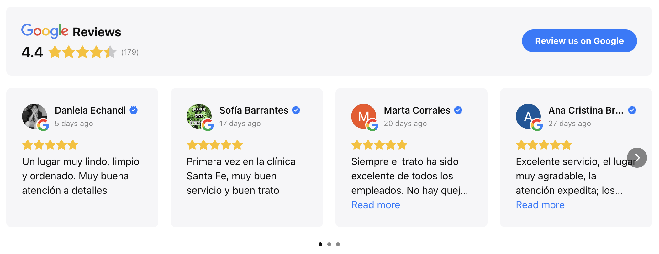 Google reviews section showing a 4.4-star rating based on 179 reviews, with a blue button to review on Google. Four individual reviews with 5-star ratings from Daniela Echandi, Sofia Barrantes, Marta Corrales, and Ana Cristina Br, each providing positive feedback about a clinic.