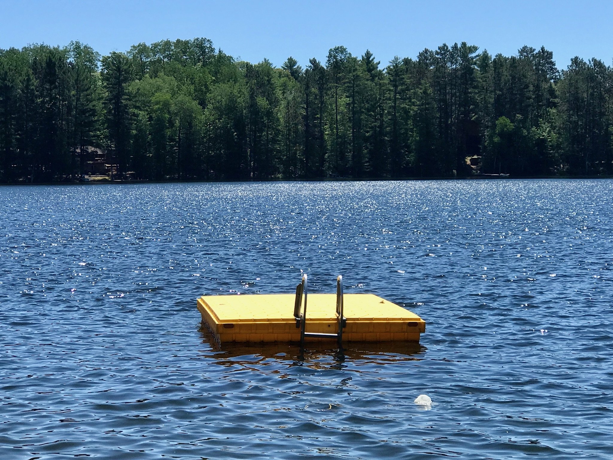 Yellow floating dock with stairs in a lake, surrounded by trees with a clear blue sky.