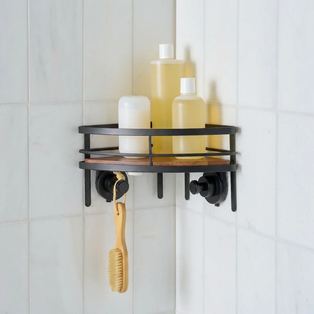 StyleGrip black and acacia wood corner shower basket with bath products