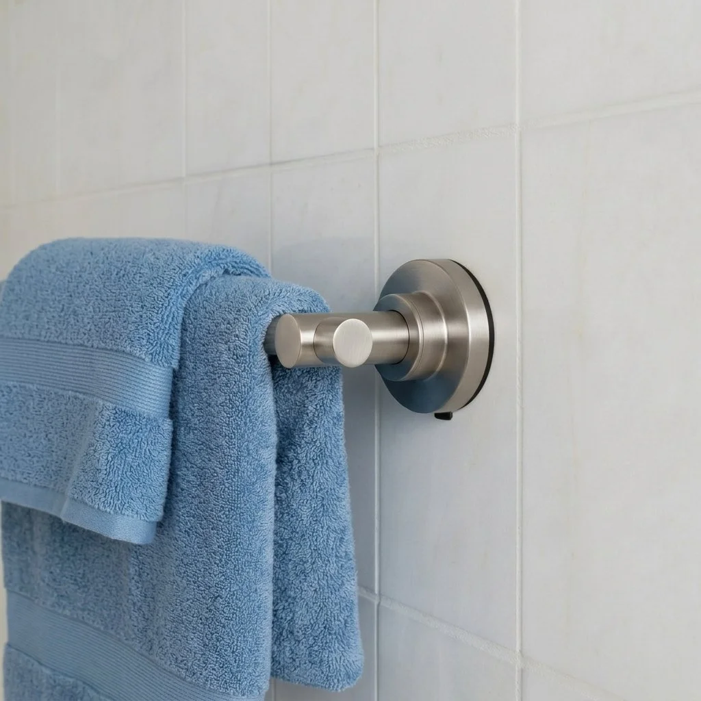 StyleGrip nickel towel bar with locking suction mount on bathroom tile