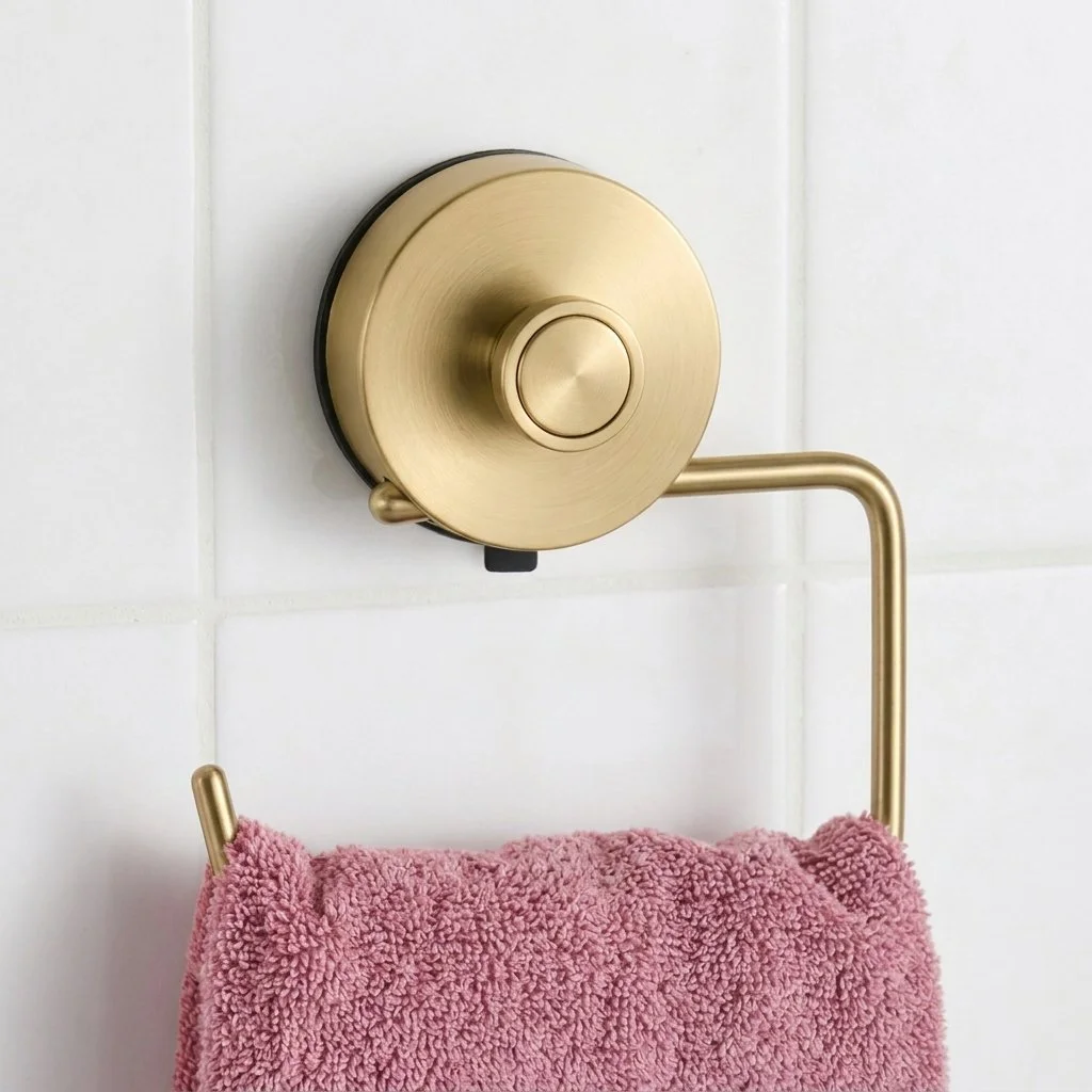 StyleGrip brass towel ring with hand towel in bathroom