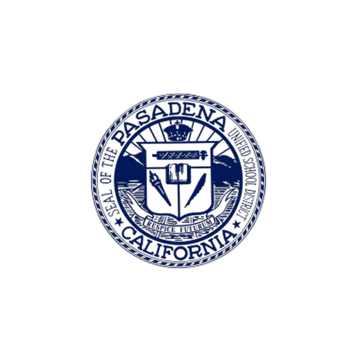 Seal of the Trapezoid California on a black background with blue digital effects.