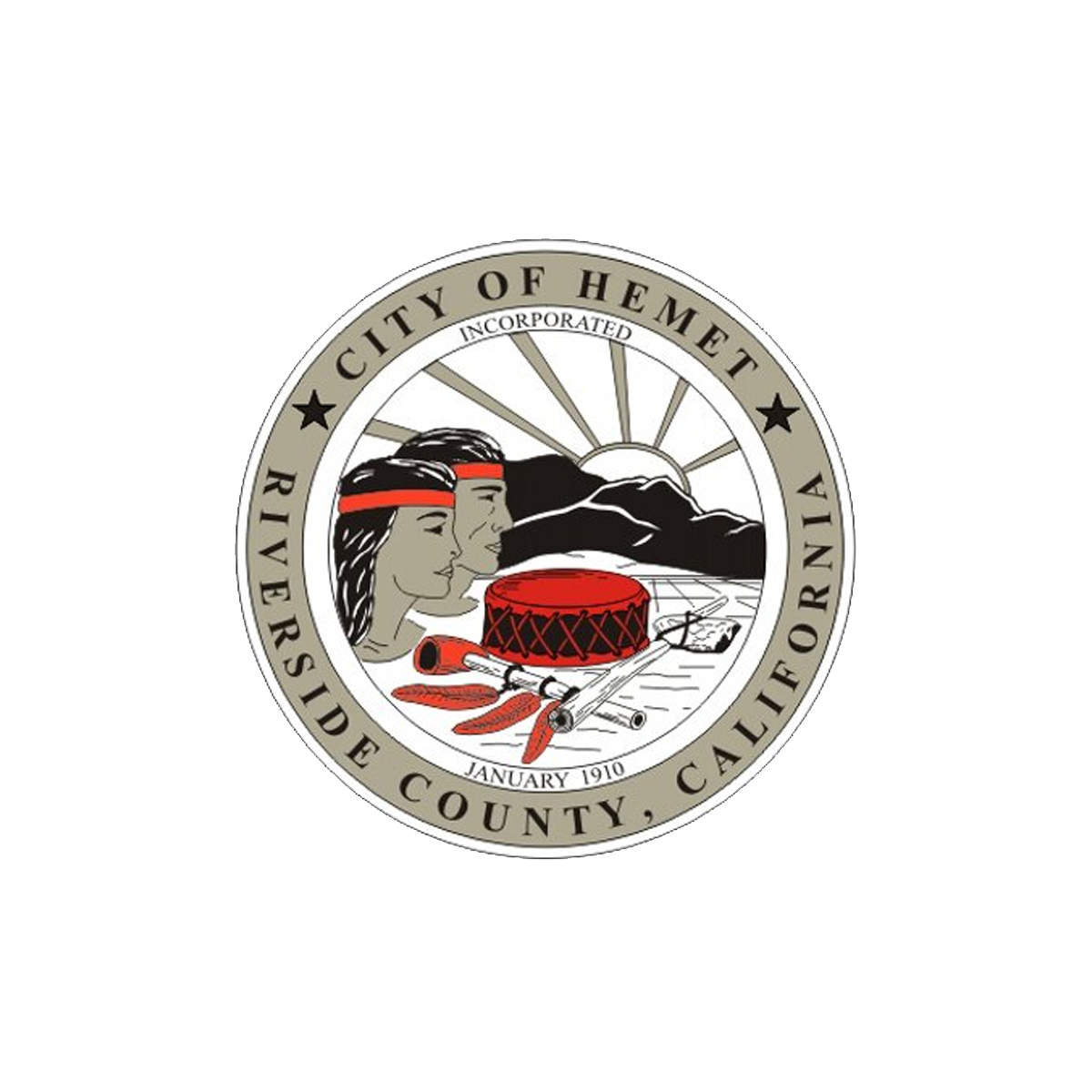 Seal of the City of Hemet, Riverside County, California, featuring two Native American women in profiles, mountains, a setting sun, a drum, a pipe, and feathers, with text indicating incorporation in January 1910.