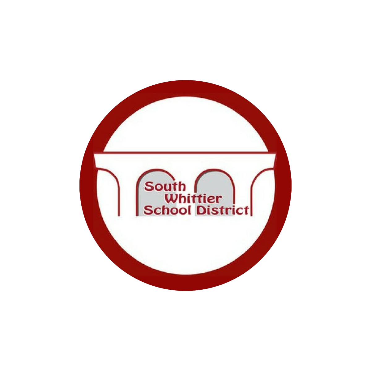 Logo of South Whittier School District featuring a stylized structure within a red circle.
