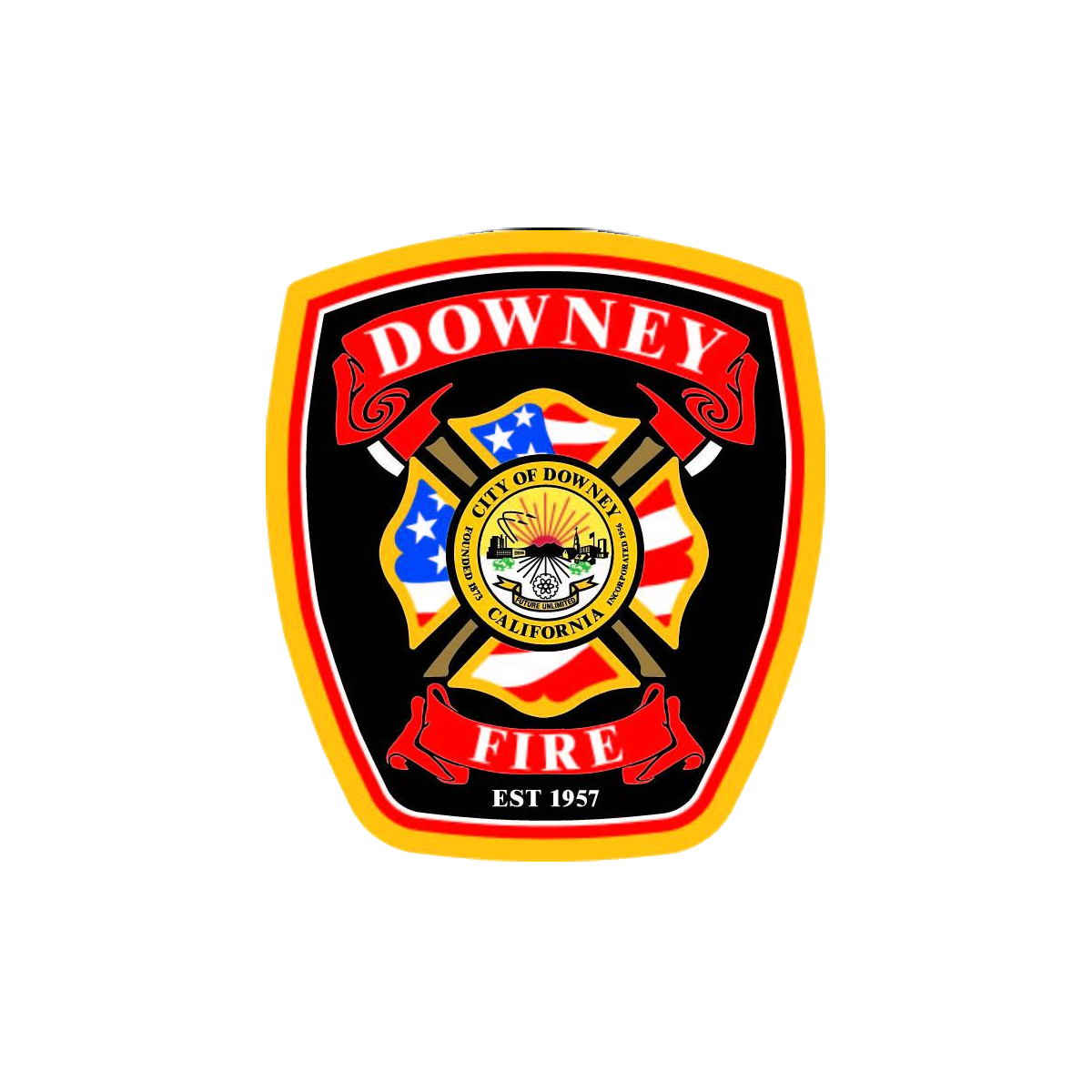 Fire department badge with the words 'Downey Fire' and the city seal of Downey, California, featuring a sun, buildings, and American flags.