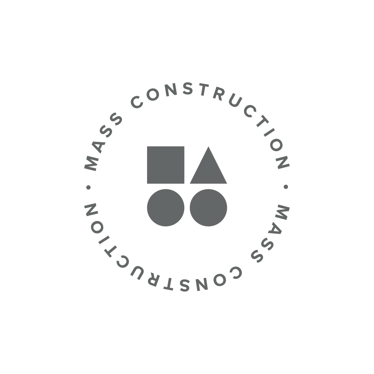 A black circular logo with gray shapes and text. The inner design has a gray square, a gray triangle, and two gray circles. Around the circle's edge, the words read "Mass Construction" and "Construction Mass".