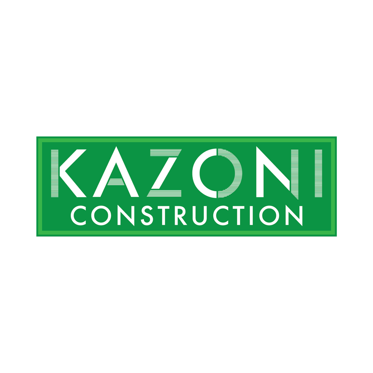 A green sign with the words "Kazoni Construction" in white lettering, placed against a black background.