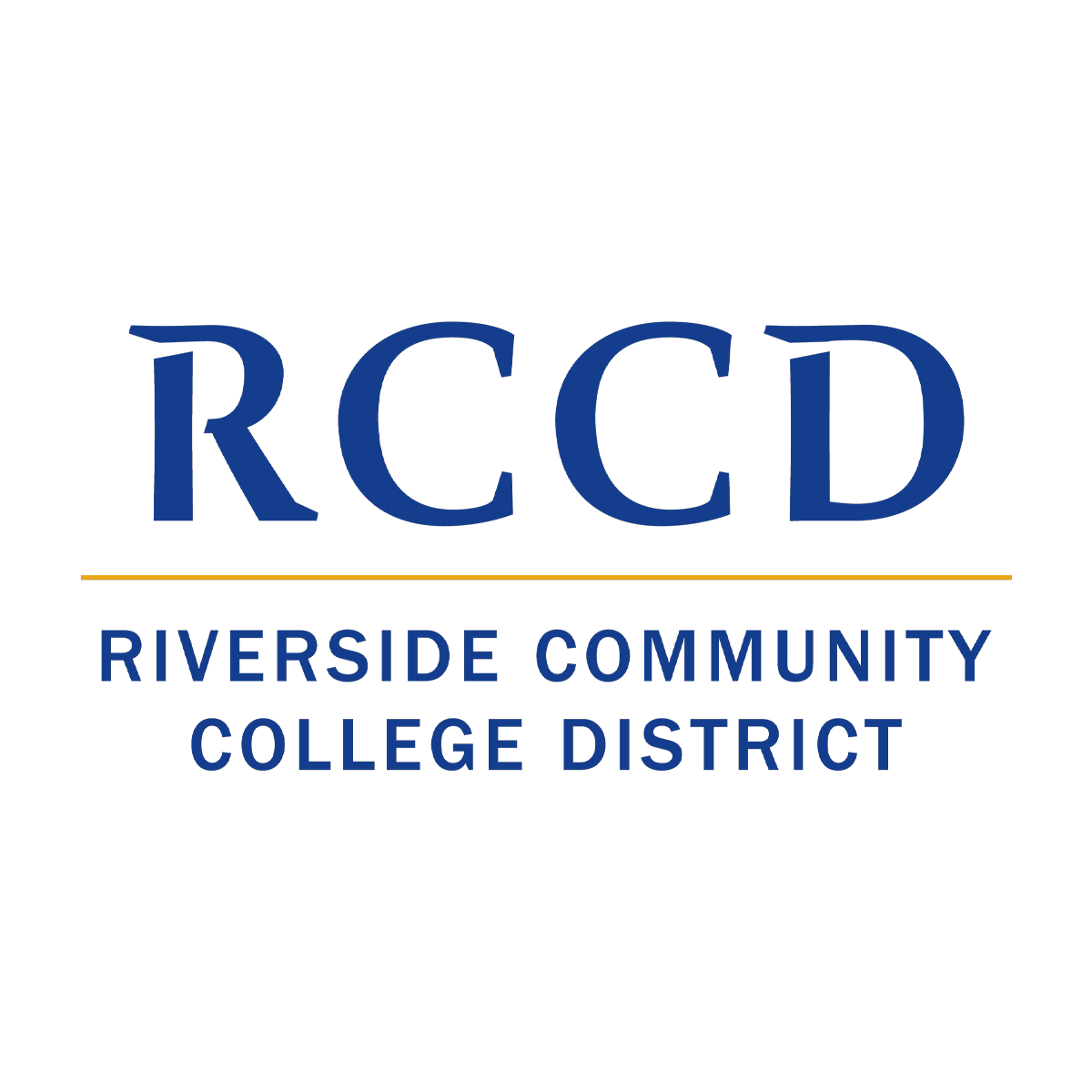 Riverside Community College District logo with black background, blue and yellow text.