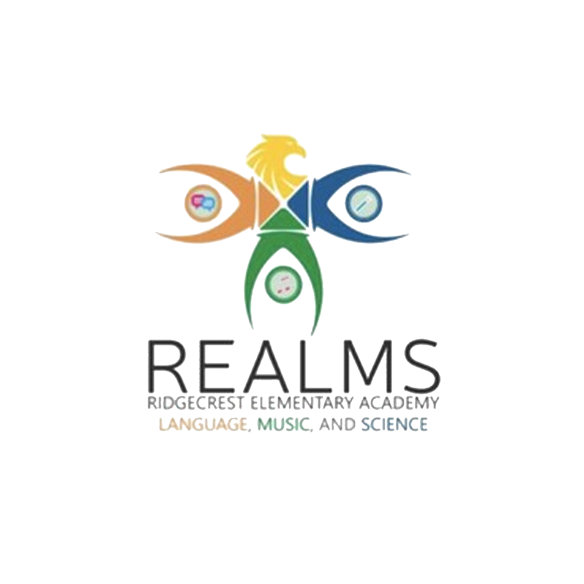 Logo for RIDGECREST ELEMENTARY ACADEMY with colorful stylized human figure, rollercoaster, music note, and science icons, and text reading 'Realms' and 'Dance, Music, Science'.