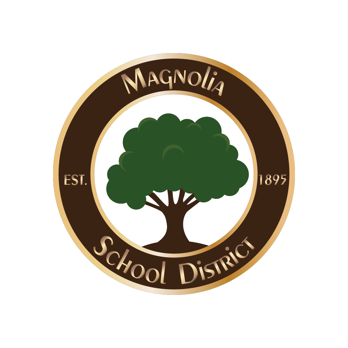 Seal or emblem for Magnolia School District featuring a central green tree and surrounding text indicating establishment in 1895.