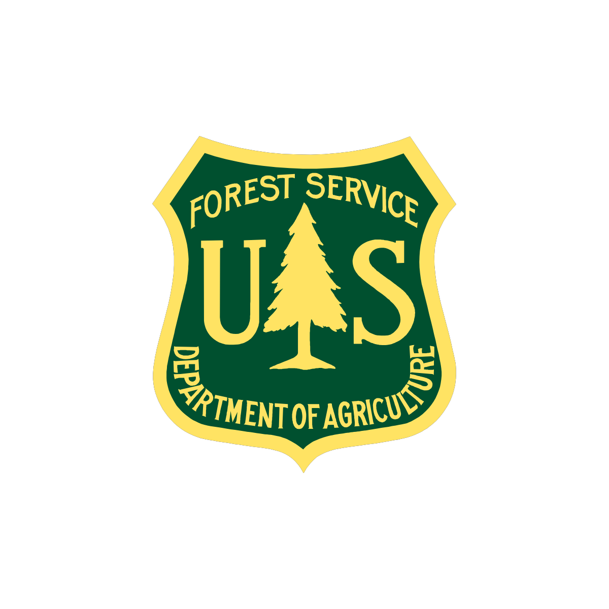 U.S. Forest Service badge with a pine tree in the center and green and yellow coloring.