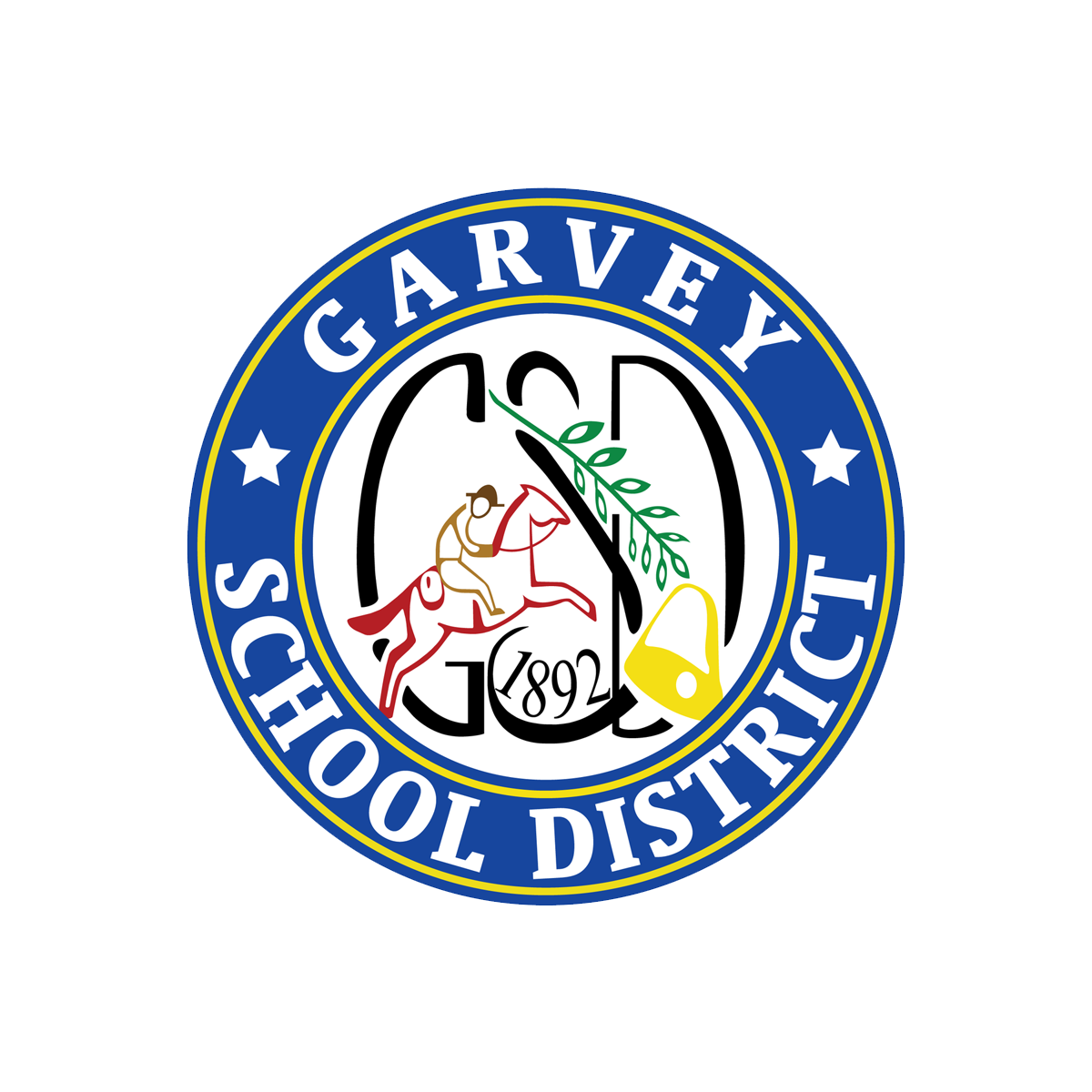 Logo of the Gagey School District, featuring a clock, a horse rider, an olive branch, a bell, and the year 1892.