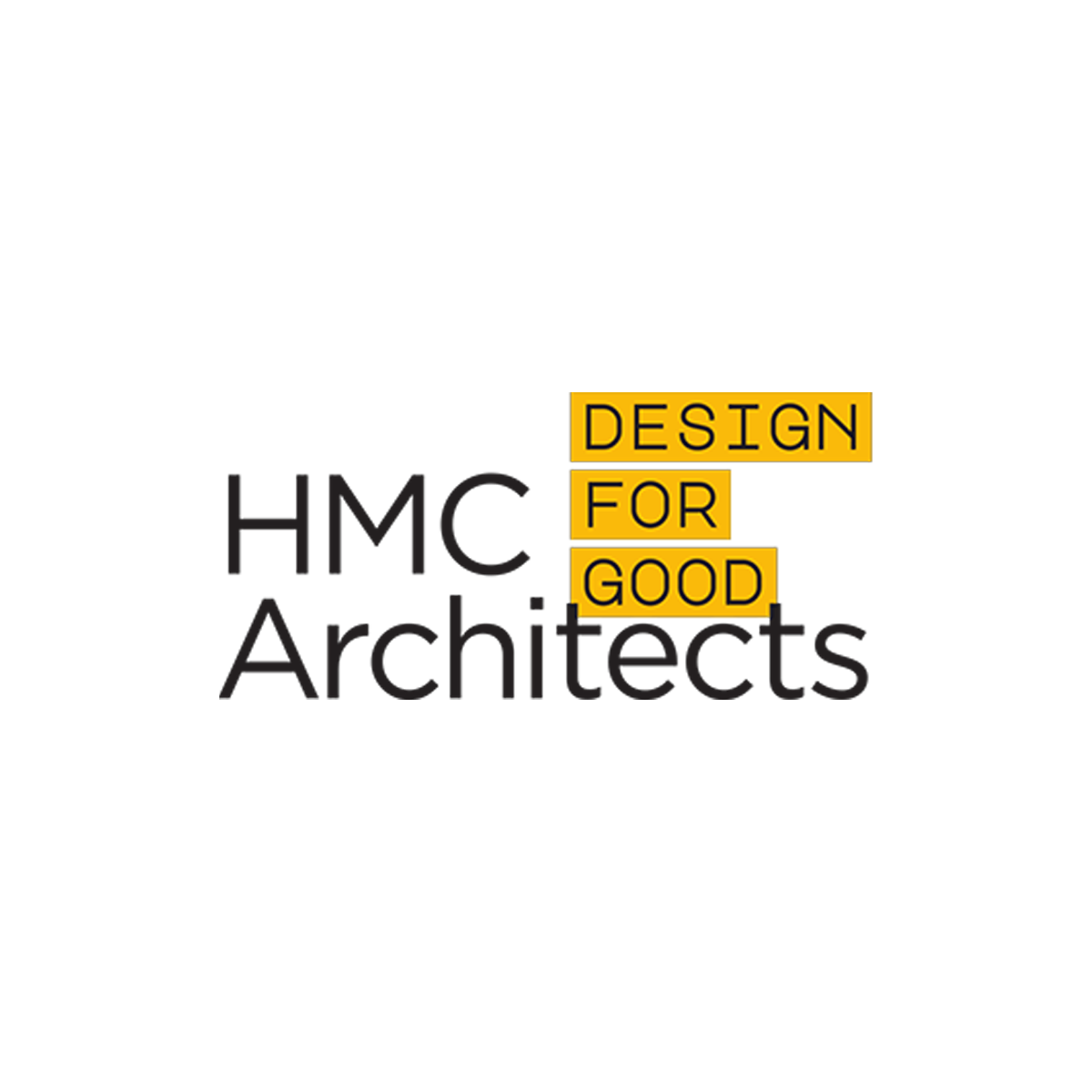 Text graphic with the words 'Design for Good' highlighted in yellow and black, and 'HMC Architects' in black and pink on a black background.