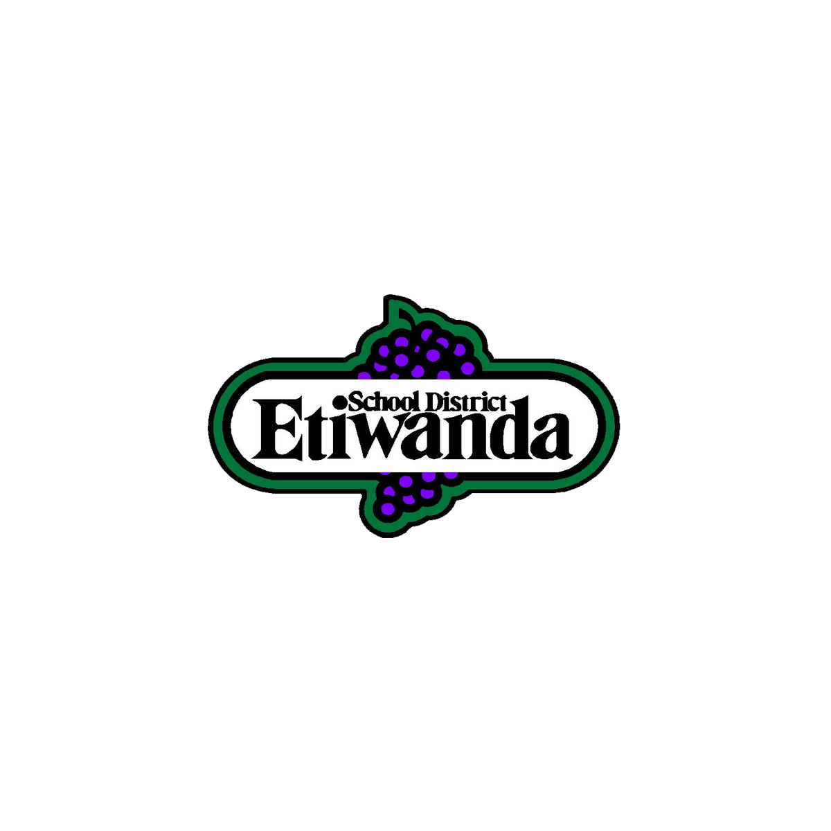Logo for Etiwanda School District featuring black text on a white background, surrounded by a grapevine illustration, with a green outline.