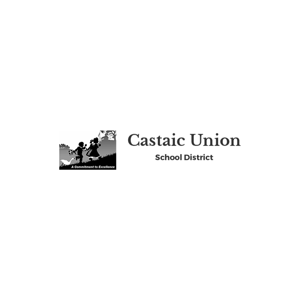 Black-and-white logo for Castaic Union School District featuring children running, with the motto "A Commitment to Excellence."